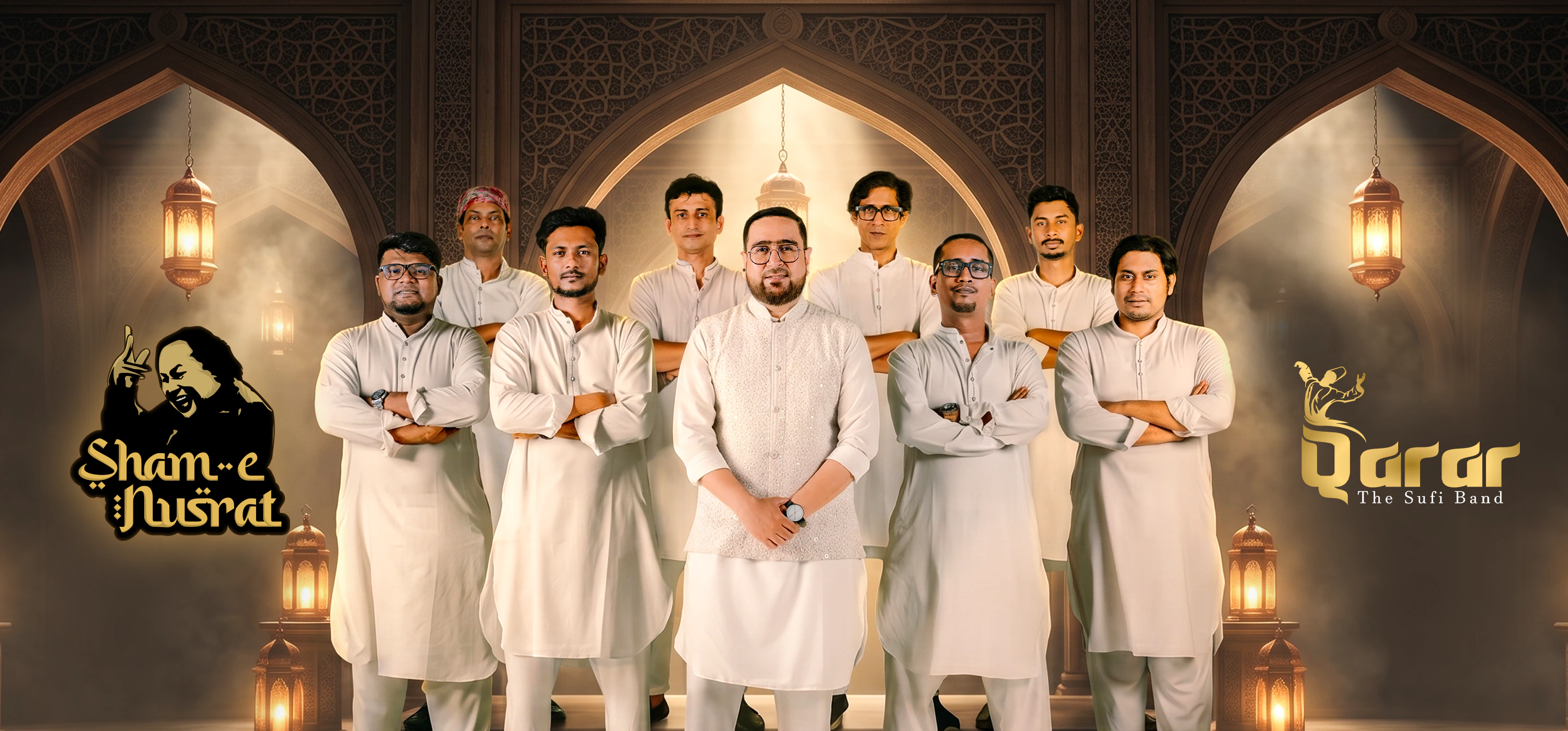 Qarar — The Sufi Band assembled beneath arched lanterns with the SHAM-E-NUSRAT event mark